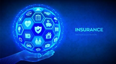 Insurance Services Concept. Car, travel, family, real estate, education, intellectual property, financial and health insurance. Abstract 3D sphere or globe with icons in hand. Vector illustration
